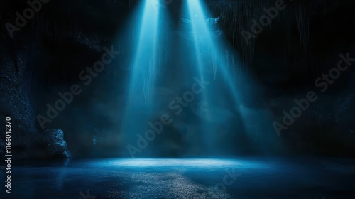 Dark underwater scene, mysterious blue light beams, ethereal atmosphere, rippling water surface, deep ocean depths, submerged landscape, eerie glow, marine exploration, bioluminescence, underwater cav