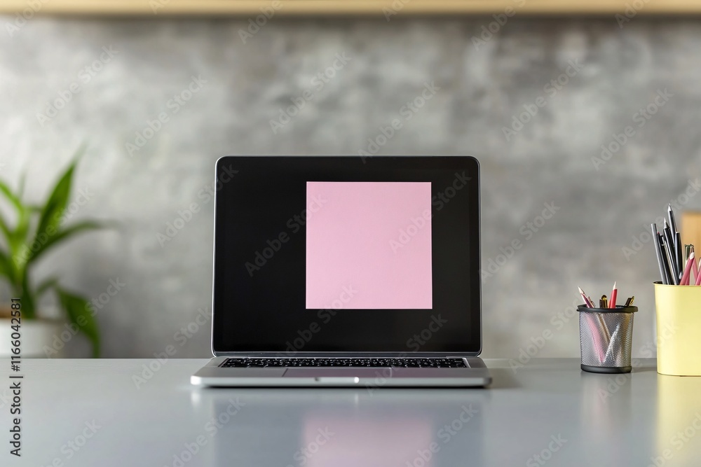Laptop with a blank screen and pink sticky note on a clean desk on modern workspace Laptop with a blank screen and pink sticky note on a clean desk on modern workspace
