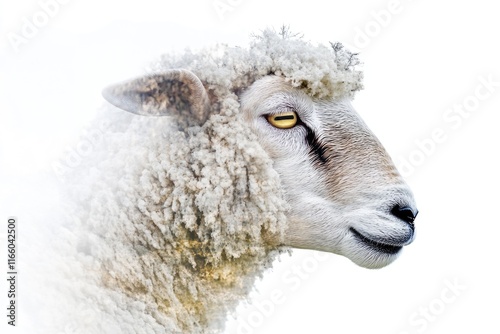 A close-up shot of a sheep's face on a white background photo