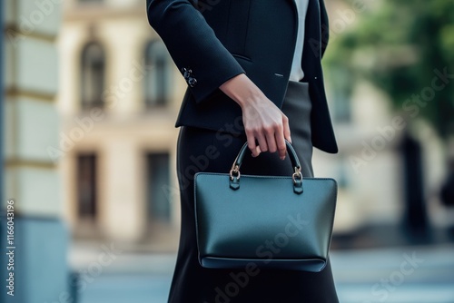 A woman wearing a business suit carries a black purse, suitable for corporate or professional settings