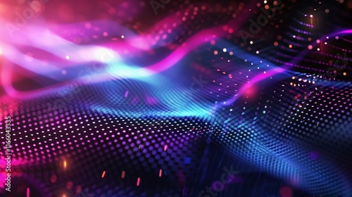 Abstract particles background forming wavy stripes in pink and blue colors, ideal for wallpapers