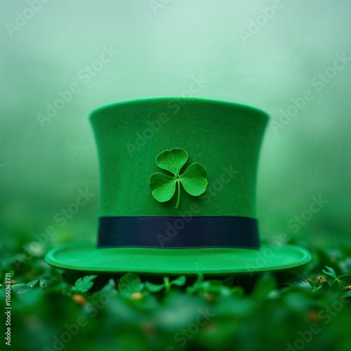 Green hat with black band and clover on a green grass e green background photo