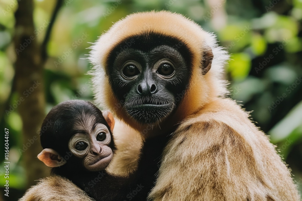 Obraz premium A close-up of a monkey cradling a baby monkey in its arms