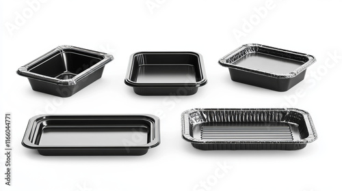Set of plastic food tray mockups png isolated on transparent background. Realistic vector illustration of black rectangular, square, round and oval styrofoam containers covered with film. Top view