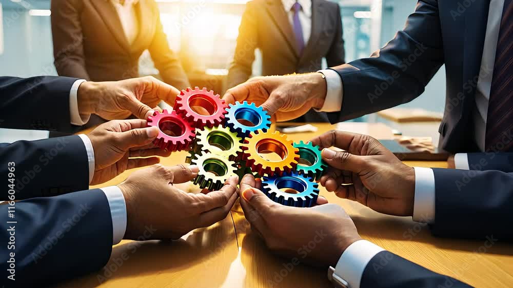 Business Team Collaborating by Holding Colorful Gears Together on a Wooden Table in a Bright Office Setting

