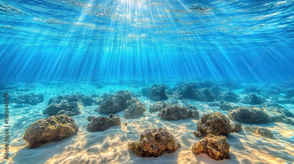 Fototapeta premium Sunbeams illuminate underwater ocean floor with rocks and sand.