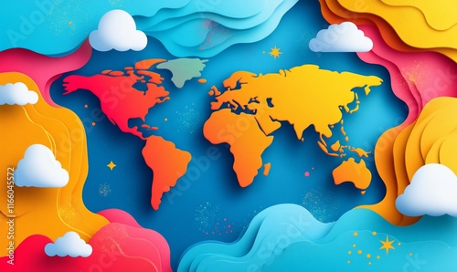 Colorful paper cut world map illustration. photo