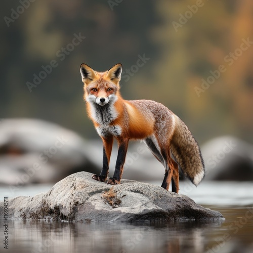 A foxy friend poses on a rocky outcropping above the calm water photo