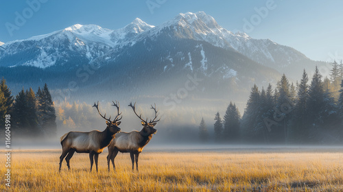 Two elk standing on grassland with mountains and trees in the background, early morning light.
