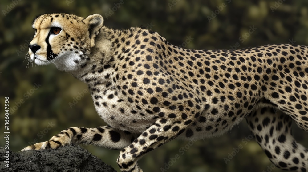 A cheetah standing on a rock overlooking a dense forest, ready to pounce or observe its surroundings A cheetah standing on a rock overlooking a dense forest, ready to pounce or observe its surroundings