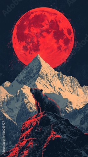 Bear on the Mountain Peak: A solitary bear stands on the summit of a snowy mountain peak, gazing up at a luminous red moon in the night sky. An evocative image of solitude, strength, and resilience.