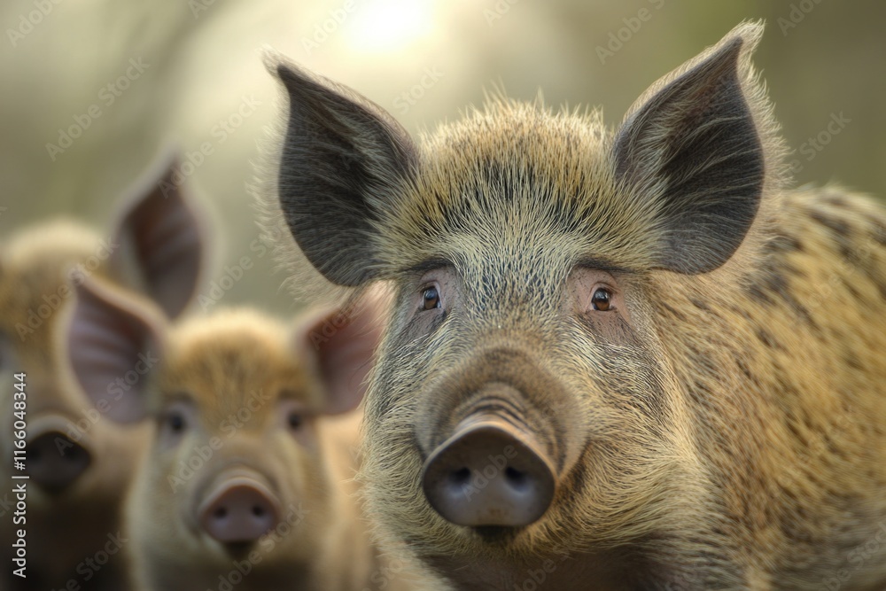 A group of pigs standing together outdoors A group of pigs standing together outdoors