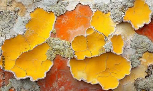 Close-up of vibrant yellow and orange lichen on textured bark. photo