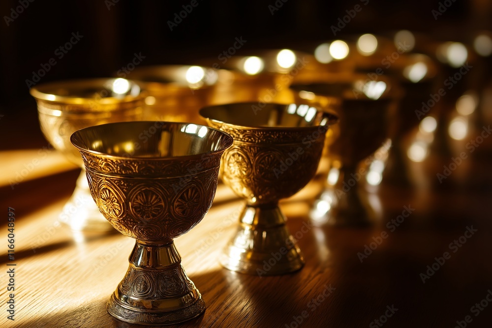 An array of ornate golden goblets reflecting soft, warm light, creating a luxurious and inviting atmosphere. An array of ornate golden goblets reflecting soft, warm light, creating a luxurious and inviting atmosphere.