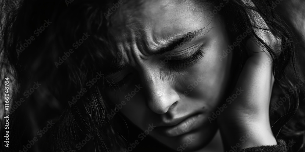 A girl with a troubled expression struggles with overwhelming emotions and noise. A girl with a troubled expression struggles with overwhelming emotions and noise.
