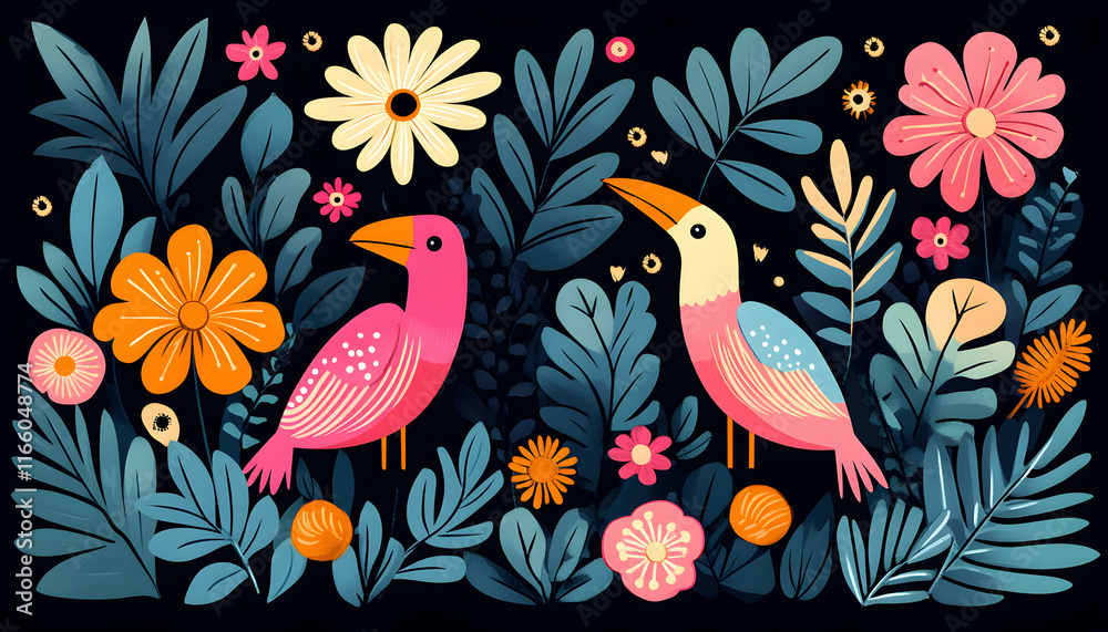 Fototapeta premium Two toucans amidst vibrant floral paradise; whimsical, stylized illustration. Perfect for home decor, textile prints, and branding.