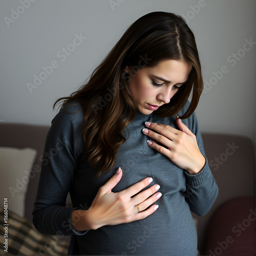 Female suffers from nausea and vomiting due to digestive and stomach illness problems and gastrointestinal system diseases or food poisoning. Morning toxicosis in first trimester of pregnancy photo