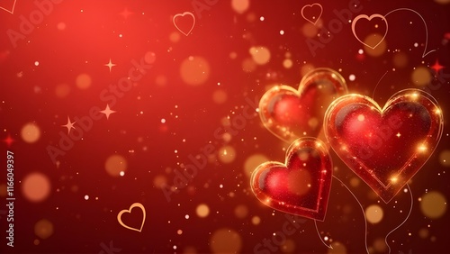 Romantic Illustration of Glowing Hearts on Red Background with Sparkles