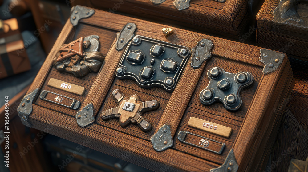 Game ui interface icons and wooden boards with metal frames. Menu buttons, progress bars, store and gift banners from brown wood panels, vector cartoon illustration Game ui interface icons and wooden boards with metal frames. Menu buttons, progress bars, store and gift banners from brown wood panels, vector cartoon illustration