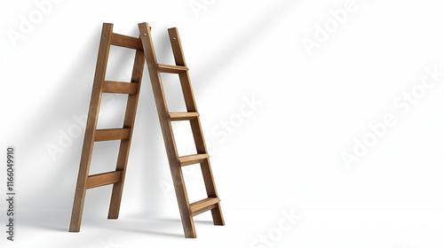 Fototapeta Naklejka Na Ścianę i Meble -  Ladder mockups set isolated on white background. Vector realistic illustration of color wooden, metal or plastic stepladder leaning on wall with shadow, construction work equipment, success concept
