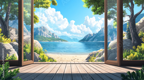 Wallpaper Mural Mountain lake view from wooden terrace with glass door. Vector cartoon illustration of beautiful rocky landscape, sandy beach and calm water under blue sky seen from cottage window. Summer vacation Torontodigital.ca