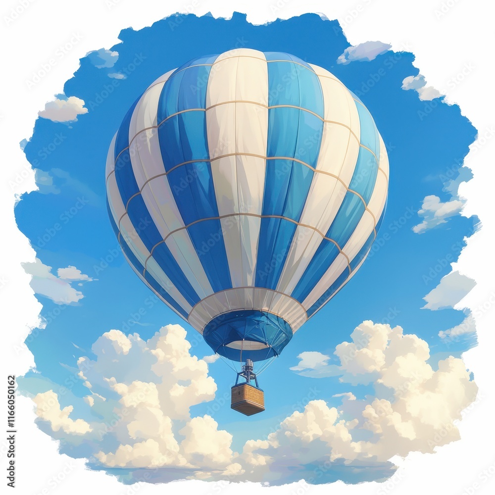 Obraz premium A colorful hot air balloon floating in a bright blue sky with fluffy clouds.