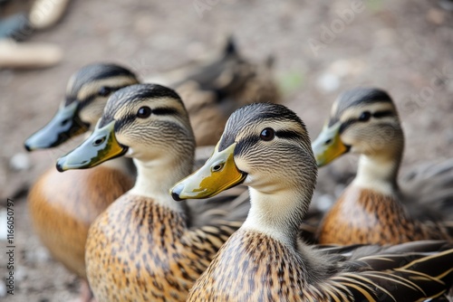 A group of ducks gathered near each other, possibly preparing to waddle or take flight