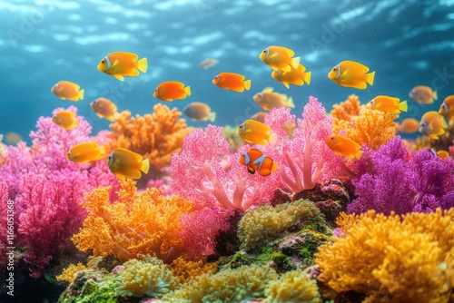 School of fish surrounding vibrant coral reef, suitable for marine life, ocean or aquarium concepts photo