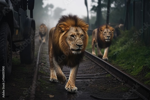 Two lions strolling along a railway track photo