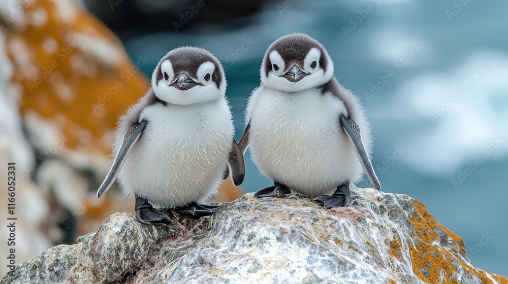 Fototapeta premium Two adorable penguin chicks on a rocky surface.