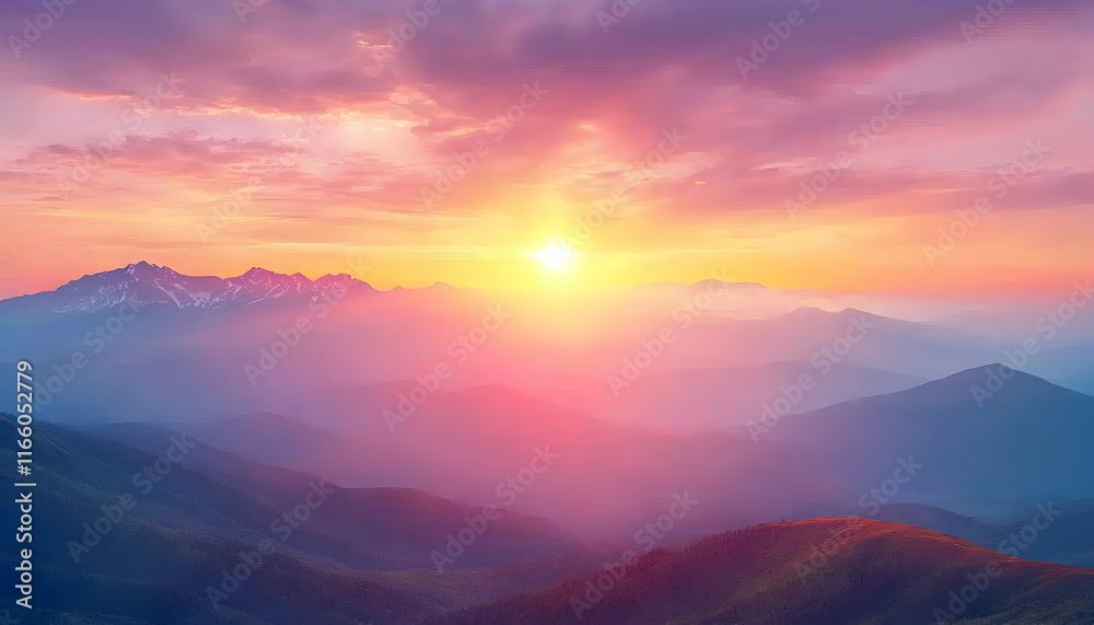 Fototapeta premium Majestic sunrise over a breathtaking mountain range, showcasing vibrant hues of pink, orange, and purple. Serene and peaceful landscape photography.