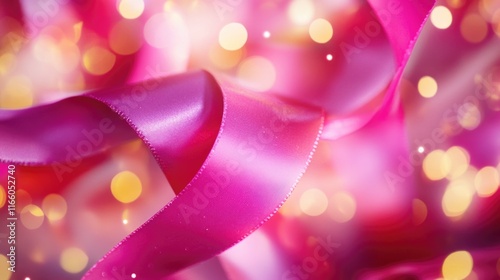 Close-up shot of a pink ribbon with twinkling lights in the background, perfect for use in designs related to breast cancer awareness or as a decorative element photo