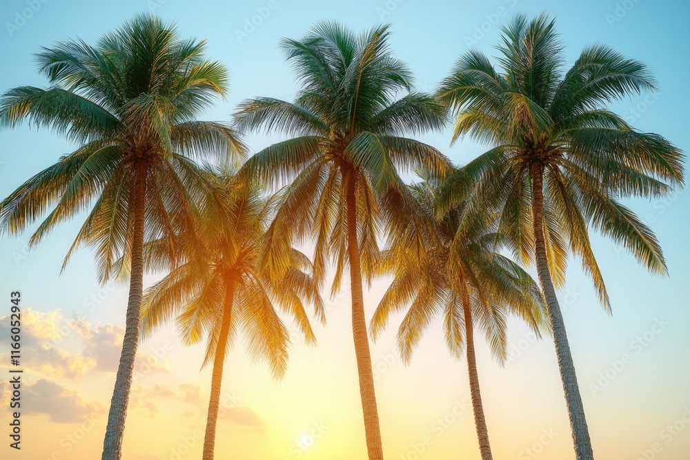 A group of palm trees silhouetted against a colorful sunset on a peaceful beach