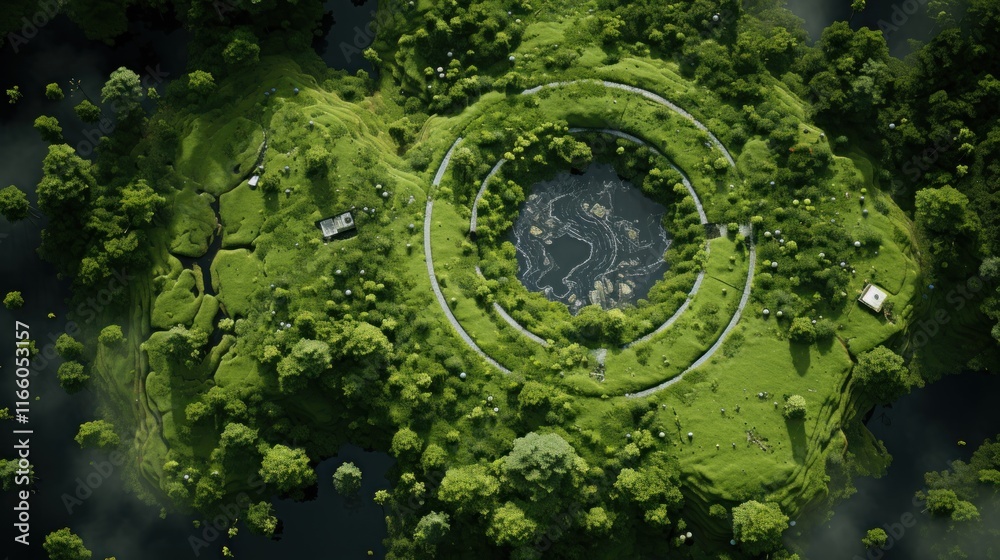 Aerial View of a Lush Green Island with Circular Lake Aerial View of a Lush Green Island with Circular Lake
