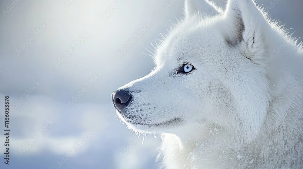 Obraz premium Close-up of a majestic white husky dog in a snowy landscape, profile view, with bright blue eyes and soft fur, focused on the horizon.