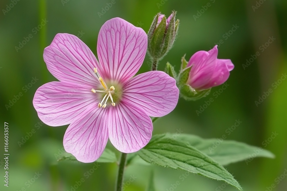 Close-up of a pink wildflower with visible veins and a bud. Close-up of a pink wildflower with visible veins and a bud.