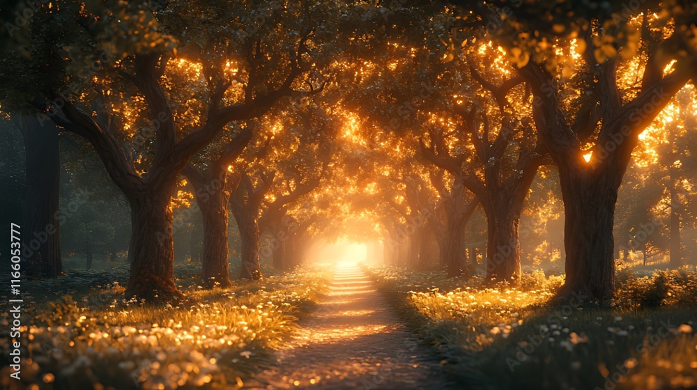 Fototapeta premium Sunlit path through a mystical forest with golden light illuminating the trees and foliage.