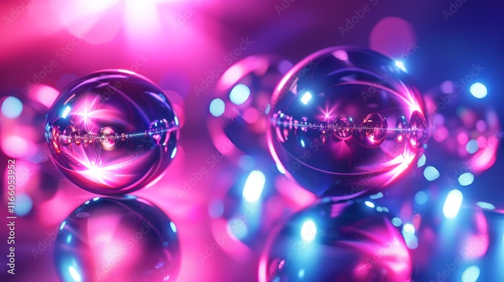 Reflective spheres creating an enchanting abstract background, showcasing vibrant pink and blue light reflections that shimmer and glow Reflective spheres creating an enchanting abstract background, showcasing vibrant pink and blue light reflections that shimmer and glow