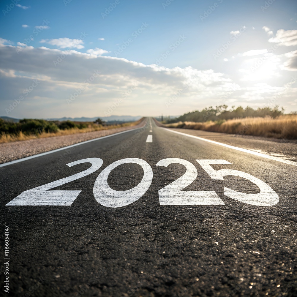 Fototapeta premium Starting 2025 Goal plan action, Business target and growth strategy. New year resolution and challenge. 2025 written on the road in the middle of an asphalt road with Goal plan action. way to success
