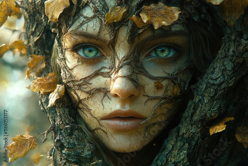A woman's face intertwined with tree bark and autumn leaves, creating a mystical, nature-spirit aesthetic.