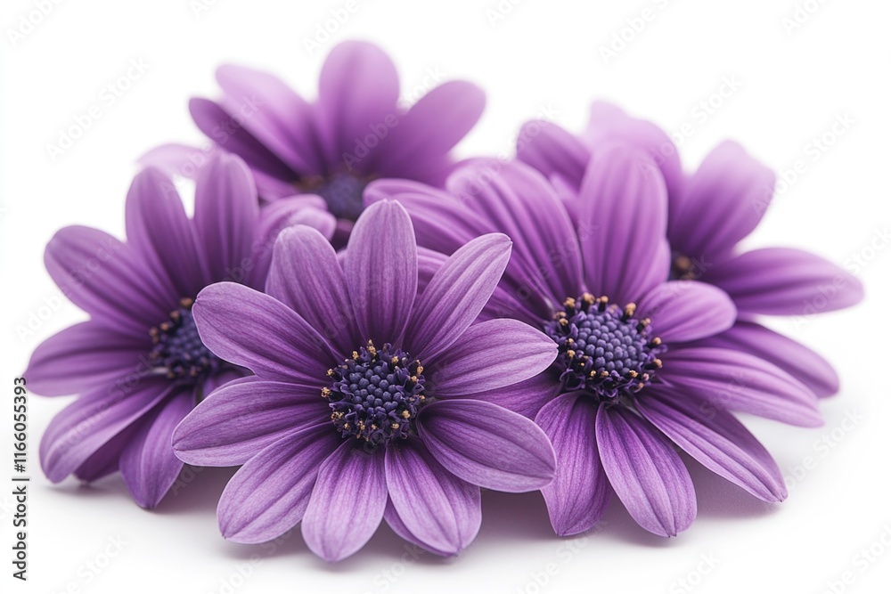 A cluster of vibrant purple flowers placed on a clean white surface, perfect for decorating or designing A cluster of vibrant purple flowers placed on a clean white surface, perfect for decorating or designing