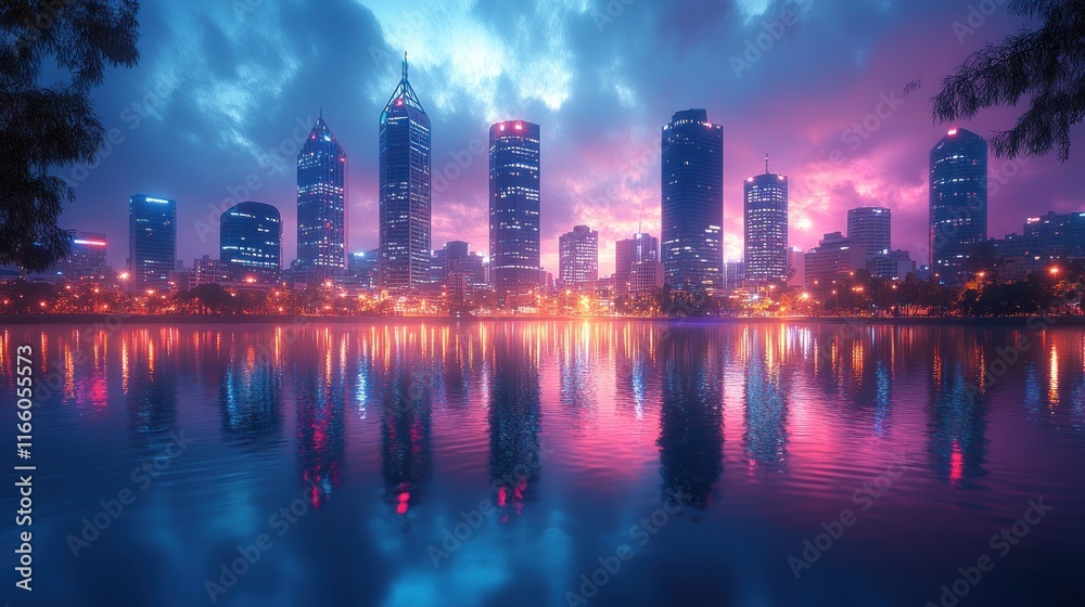 Fototapeta premium Vibrant city skyline reflected in tranquil water at dusk.