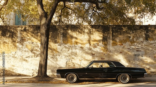 Classic black car parked by old wall.