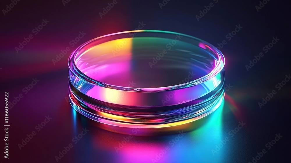 Colorful illuminated glass petri dish on dark background. Colorful illuminated glass petri dish on dark background.