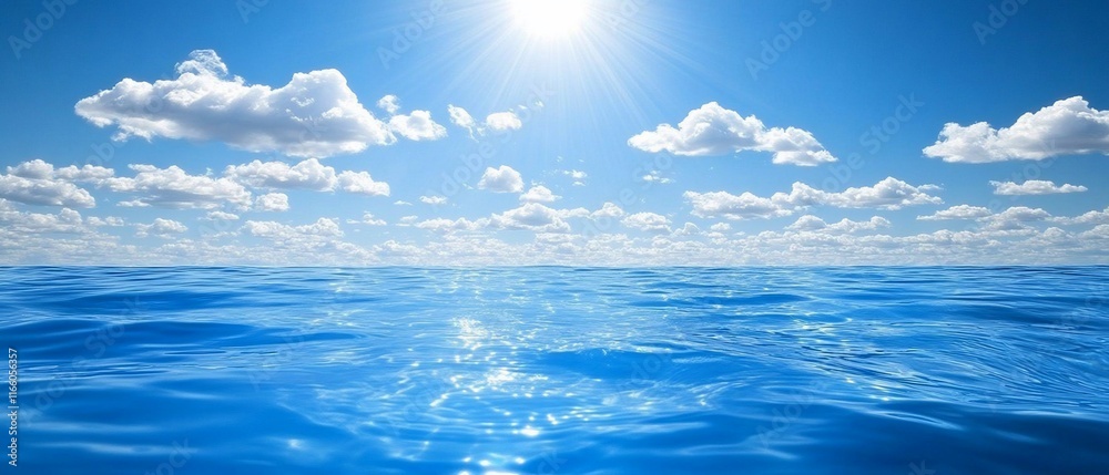 Fototapeta premium Calm ocean water under a bright sky with puffy white clouds.