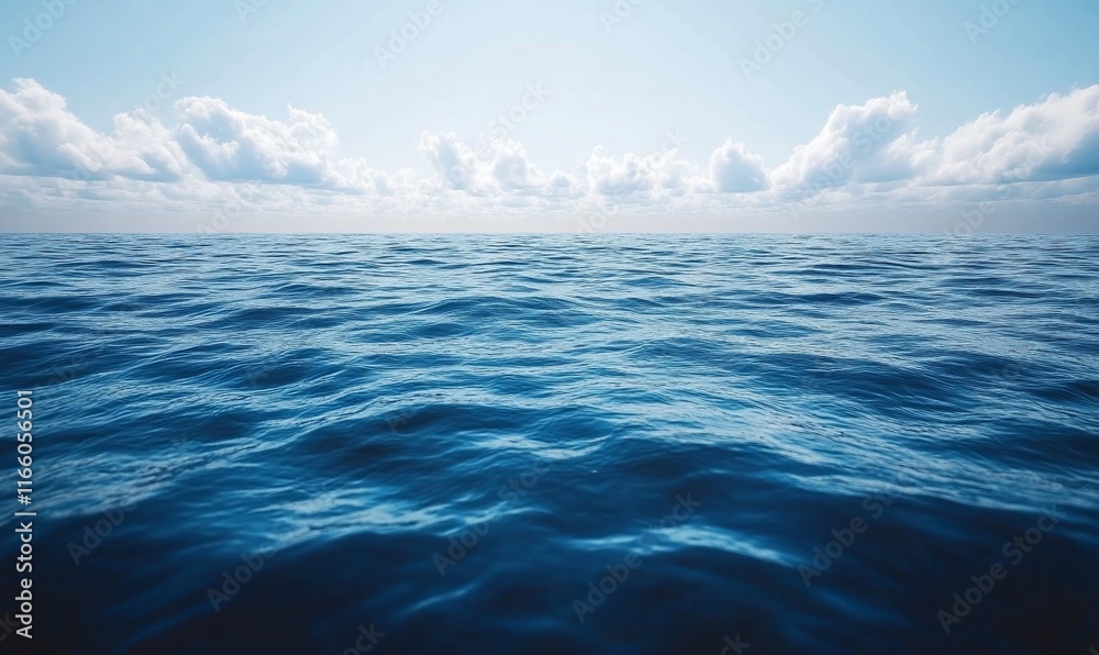 Fototapeta premium Calm ocean surface under a bright blue sky with fluffy clouds.