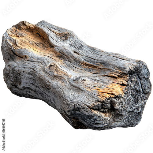 A weathered, smooth piece of driftwood with natural grooves on a transparent background, Driftwood Piece