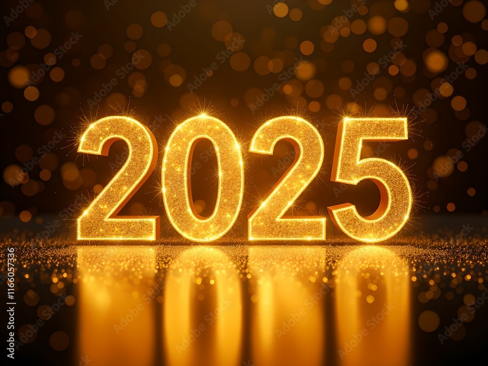 2025 Happy New Year background. Gold glitter shining in light with sparkles abstract