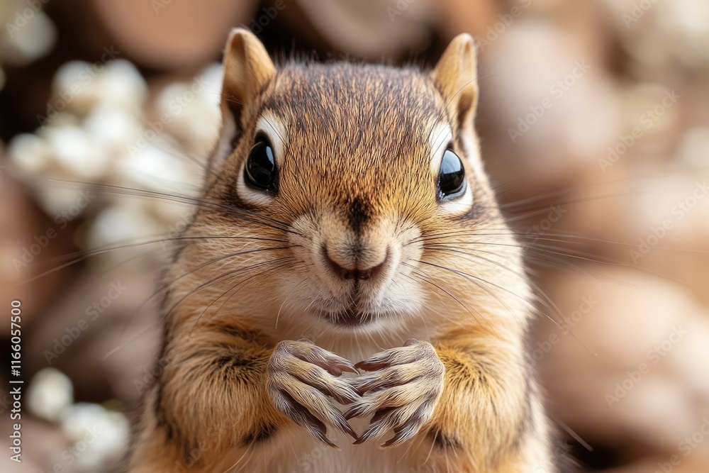 A small chipmunk standing on the ground, looking up A small chipmunk standing on the ground, looking up