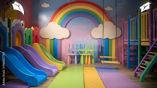 A rainbow-colored playground area provides a lively background for photo studio sessions, offering a fun and interesting setting for kids' photography. 